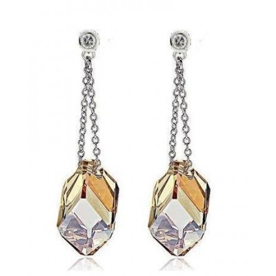 Swarovski - Longues Boucles d'Oreilles pendantes Cristal Doré Montures Argent