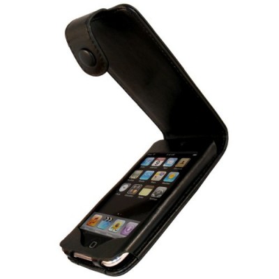 Etui Poche de luxe relevable en Cuir véritable, Housse de couleur Noir pour Apple iPod Touch 2G 2ème et 3G 3ème génération