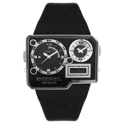 Montre Diesel Homme Acier - DZ7101 - Quartz Analogique et Digitale - Carrée - Double Fuseau Horaire - Bracelet Cuir Noir
